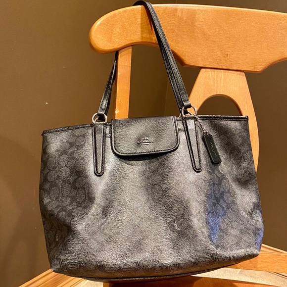 Coach Signature Canvas Flap Over Snap Zip Tote
